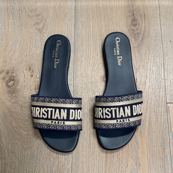 Dior Shoes - Dior Navy and Brown Logo Slide Sandals